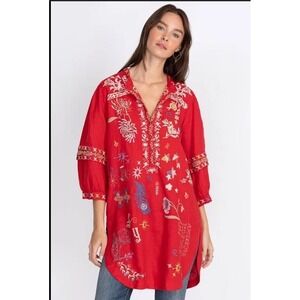 Johnny Was Biya Azusa Linen‎ Tunic Red Dress Size Large Embroidered Bohemian